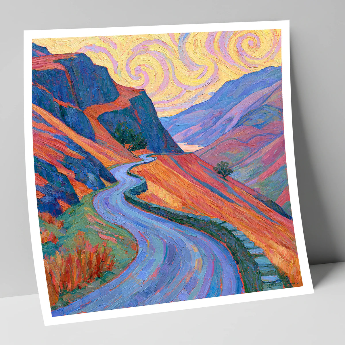 Winding Mountain Pass in Amber and Violet lake district valley art print