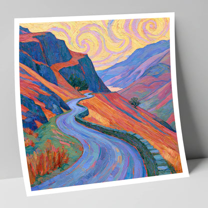 Winding Mountain Pass in Amber and Violet lake district valley art print