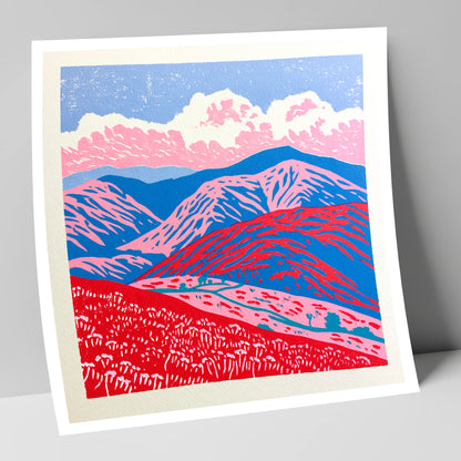 Red and Blue Rolling Fells lake district fell art print