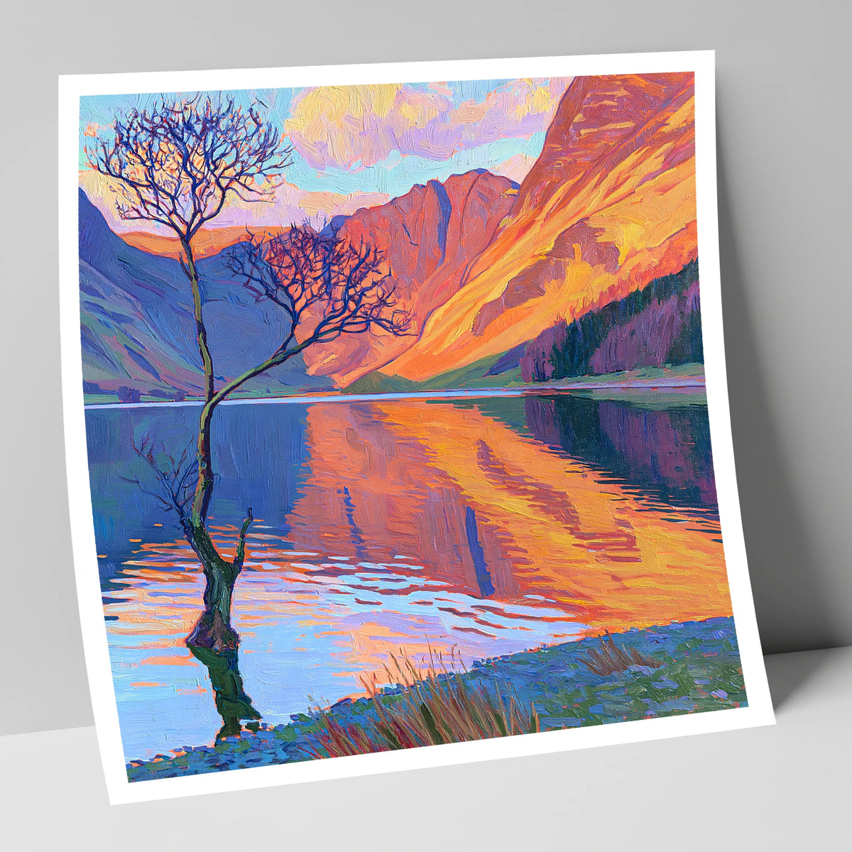 Vibrant Lone Tree at Buttermere lake district lake art print