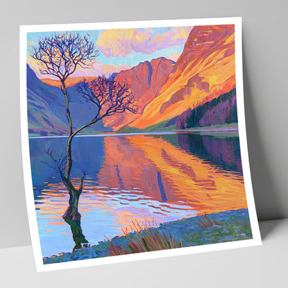 Vibrant Lone Tree at Buttermere lake district lake art print