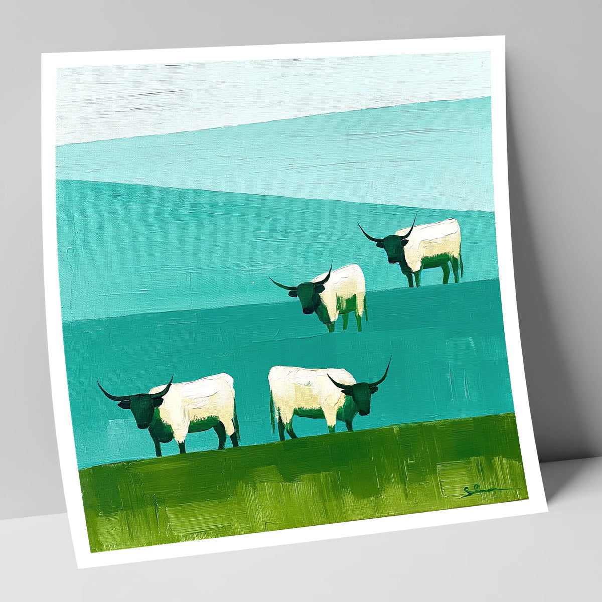 Highland Cattle Against Teal Fells lake district wildlife art print