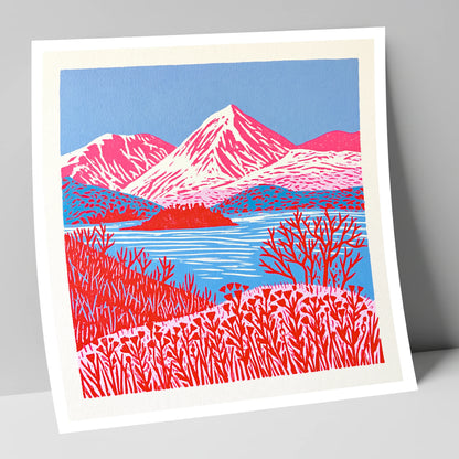 Vibrant Red Catbells Landscape lake district fell art print
