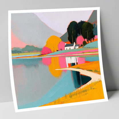 Vibrant Cottage and Lake Reflections lake district lake art print