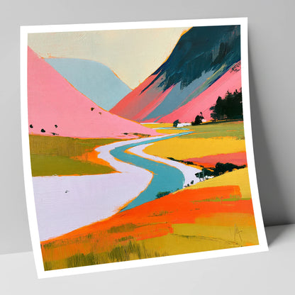 Winding River Through Pink Fells lake district waterfall art print
