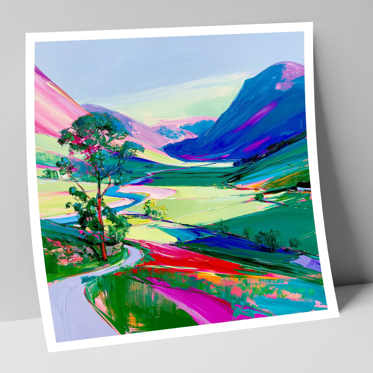 Vibrant Valley Road Beneath Pink Fells lake district valley art print
