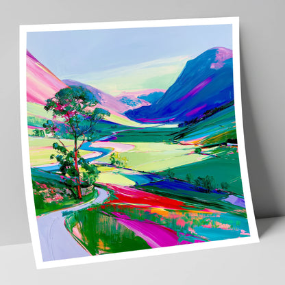 Vibrant Valley Road Beneath Pink Fells lake district valley art print