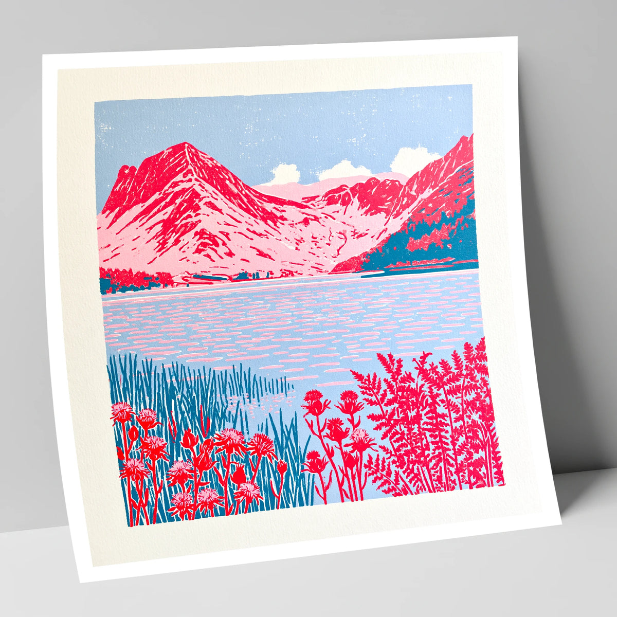 Bold Pink Fells of Buttermere lake district lake art print