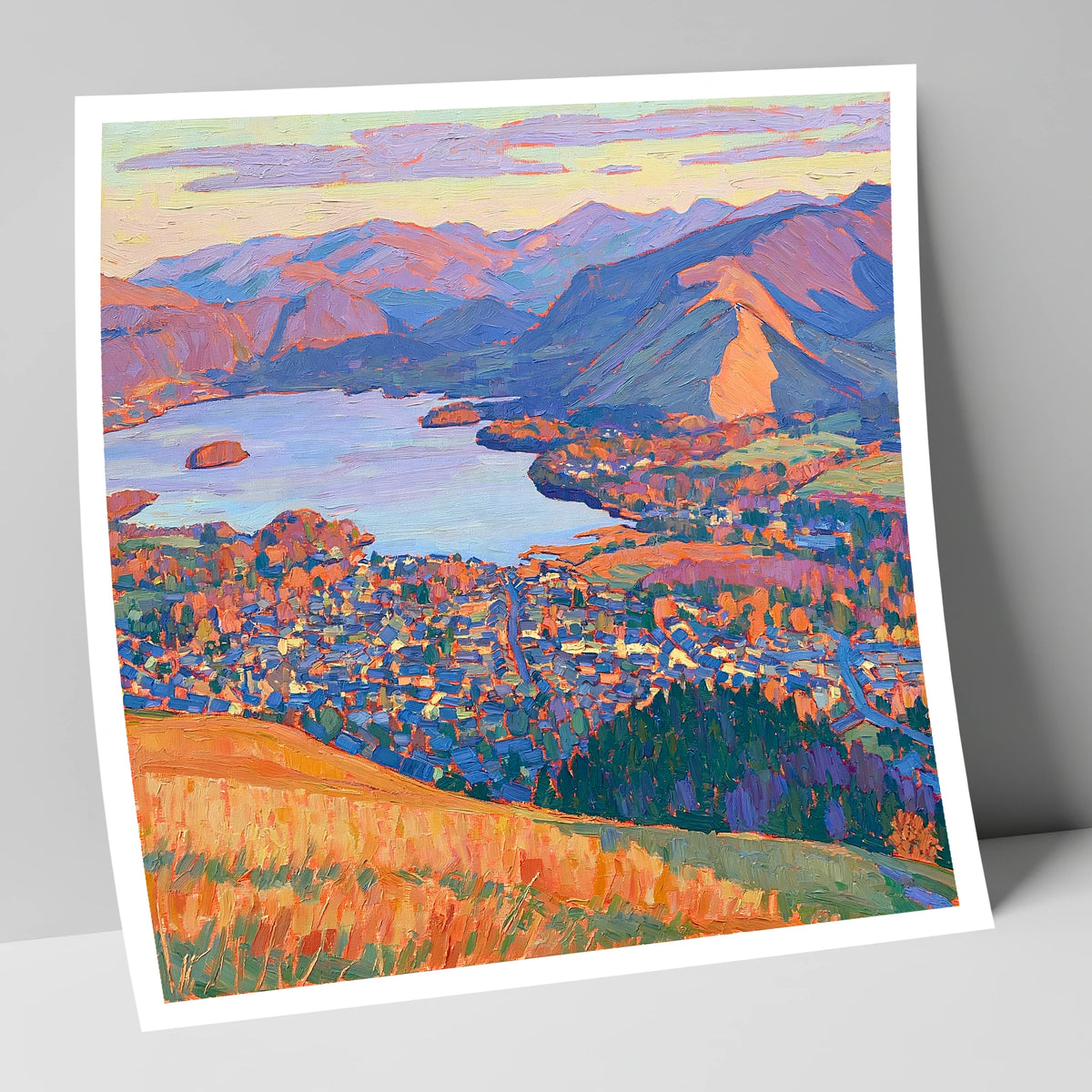 Vibrant Keswick and Derwentwater lake district village art print