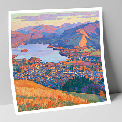 Vibrant Keswick and Derwentwater lake district village art print