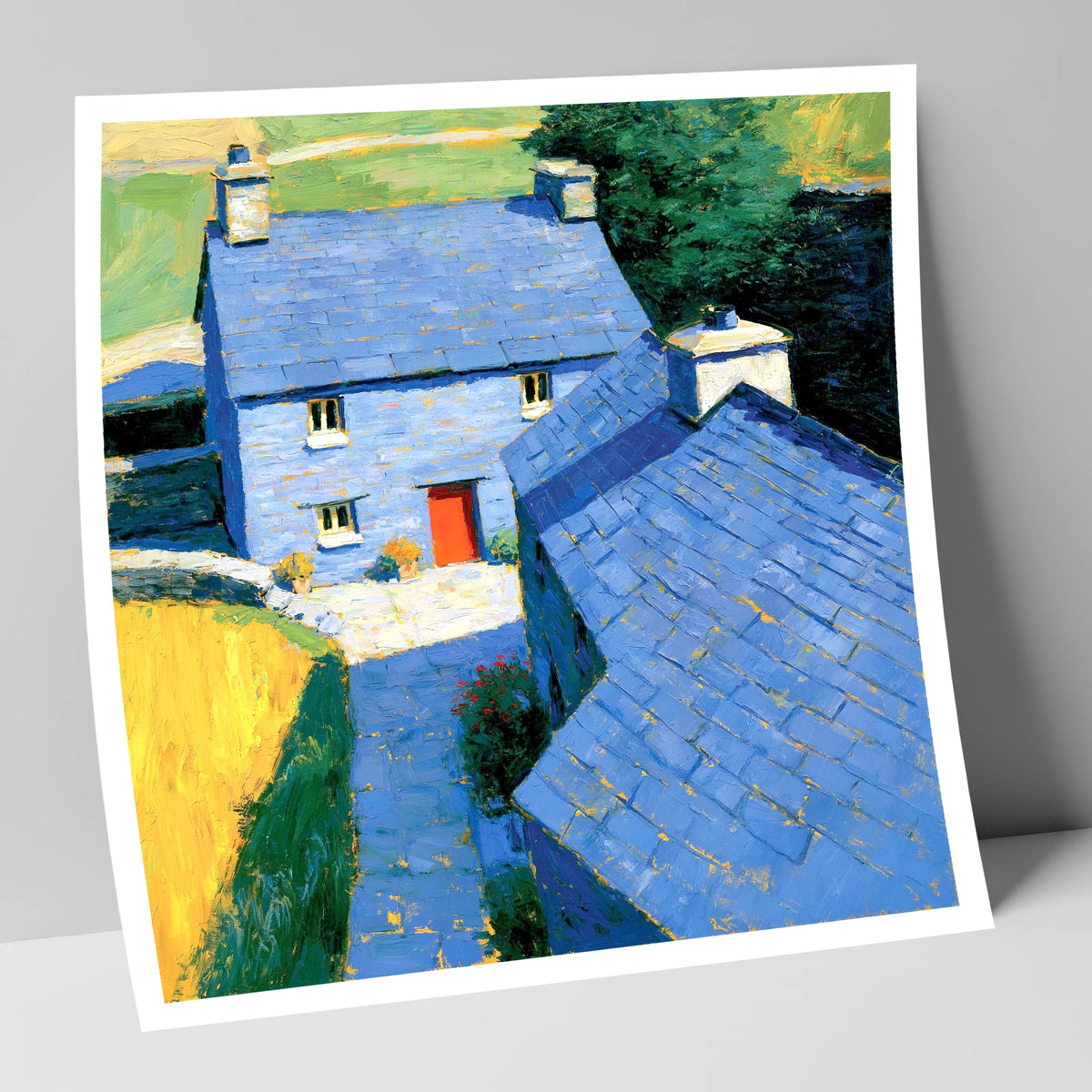 Vibrant Blue Slate Cottages lake district village art print
