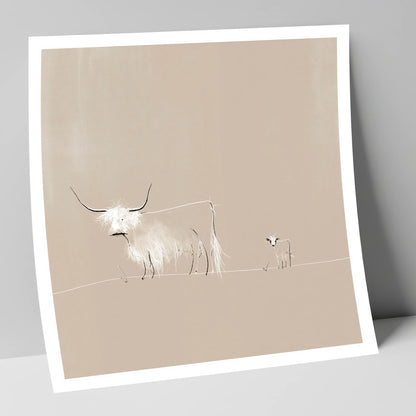Highland Cattle on Warm Beige lake district wildlife art print