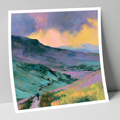Fell Walker in Pastel Fells lake district walking art print