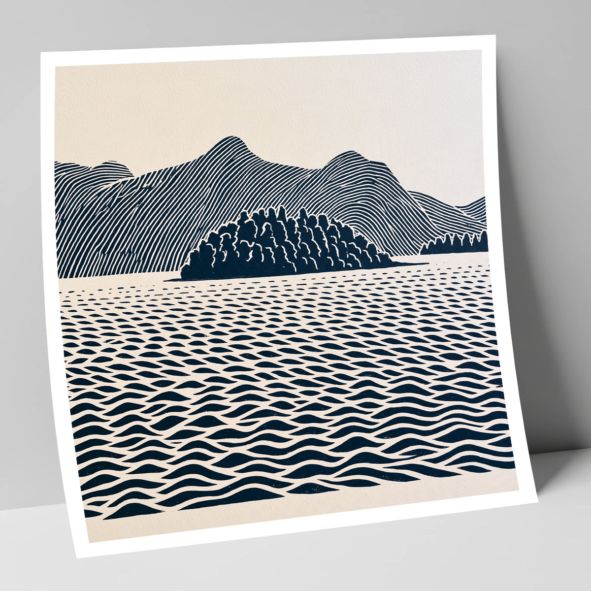 Derwentwater Island in Inky Blue lake district lake art print