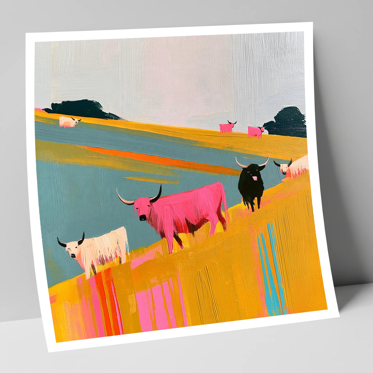 Colourful Highland Cattle Grazing lake district wildlife art print
