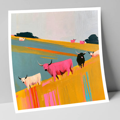 Colourful Highland Cattle Grazing lake district wildlife art print