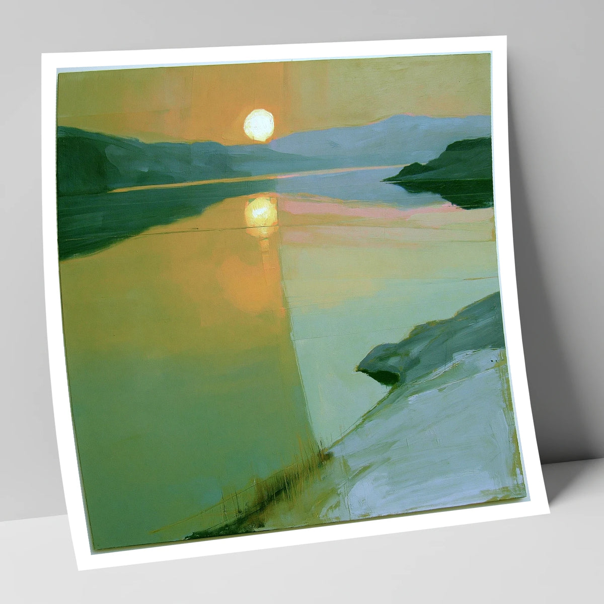 Lake Sunset in Sage Green lake district lake art print