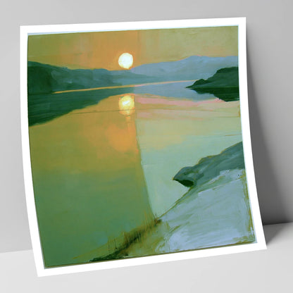 Lake Sunset in Sage Green lake district lake art print