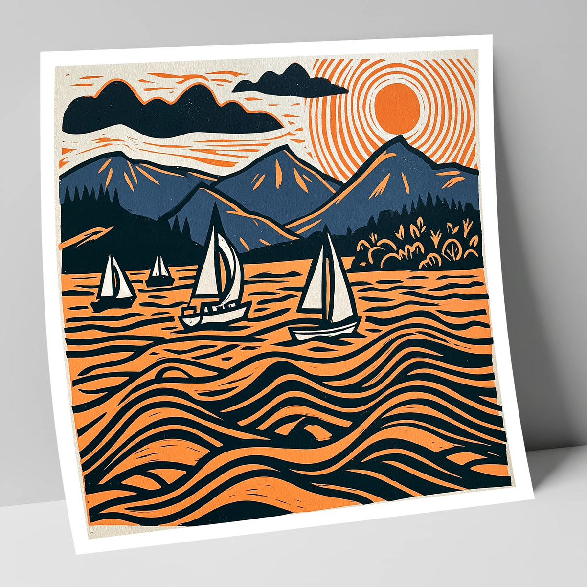 Derwentwater Sailboats Under Radiating Sun lake district lake art print