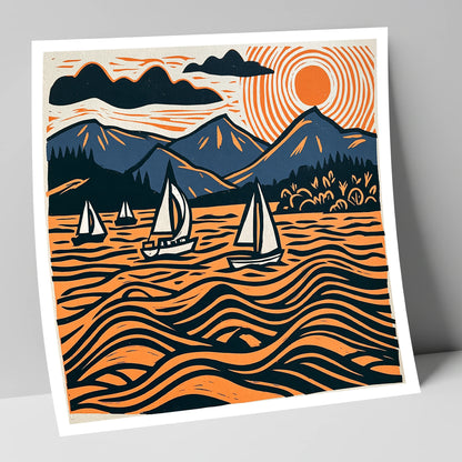 Derwentwater Sailboats Under Radiating Sun lake district lake art print