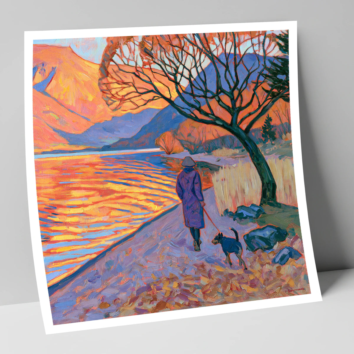 Sunset Dog Walk at Ullswater gifts for dog walkers art print
