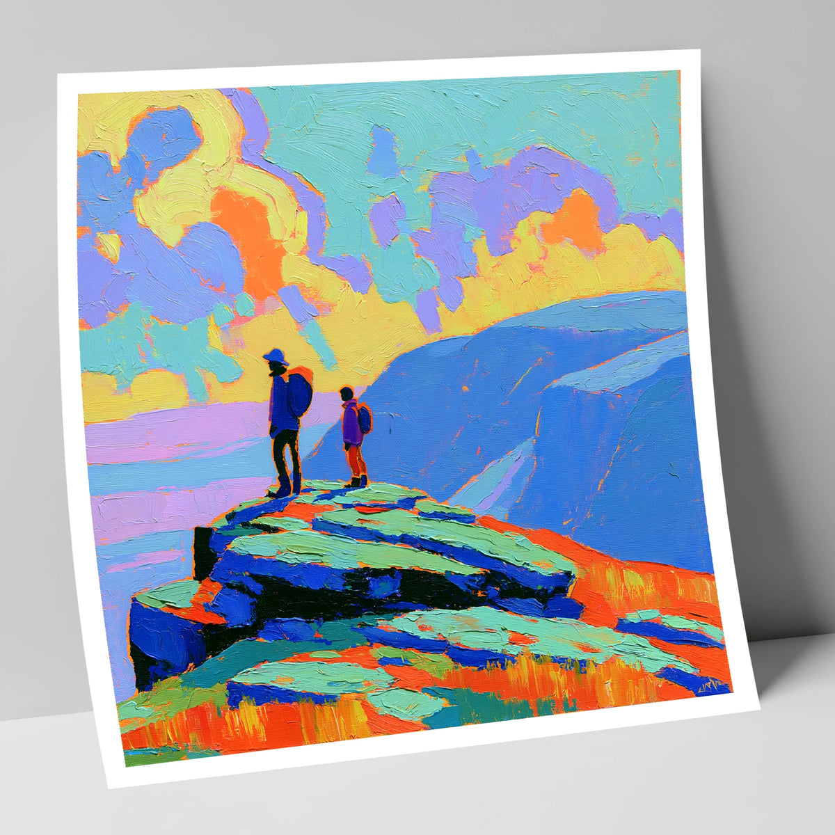Hikers on a Vibrant Fell Summit lake district fell art print