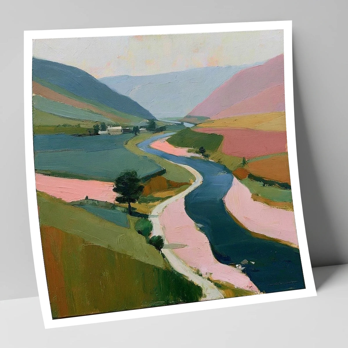 Winding River Valley in Pink lake district waterfall art print
