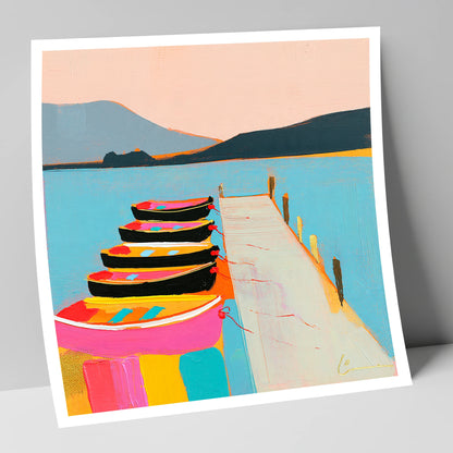 Vibrant Moored Boats on Windermere lake district lake art print