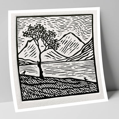 Monochrome Buttermere and Lone Tree lake district lake art print