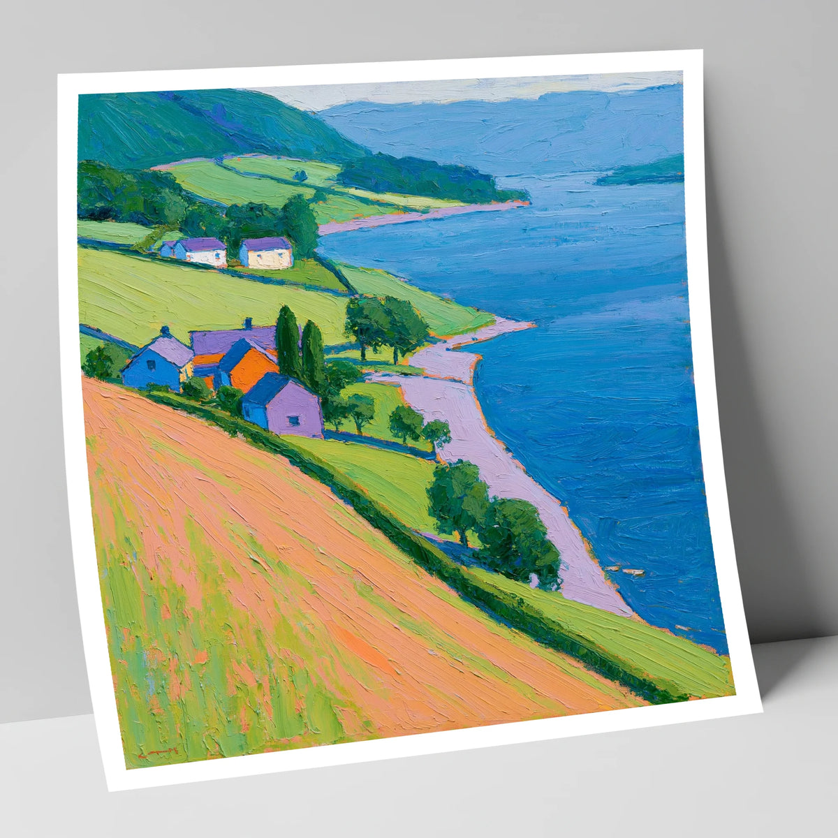 Colourful Lakeside Village lake district village art print