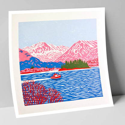 Derwentwater Boat and Pink Fells lake district lake art print