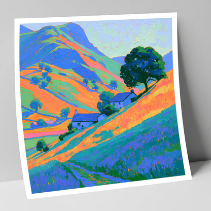 Fellside Cottages in Golden Evening Light lake district sky art print