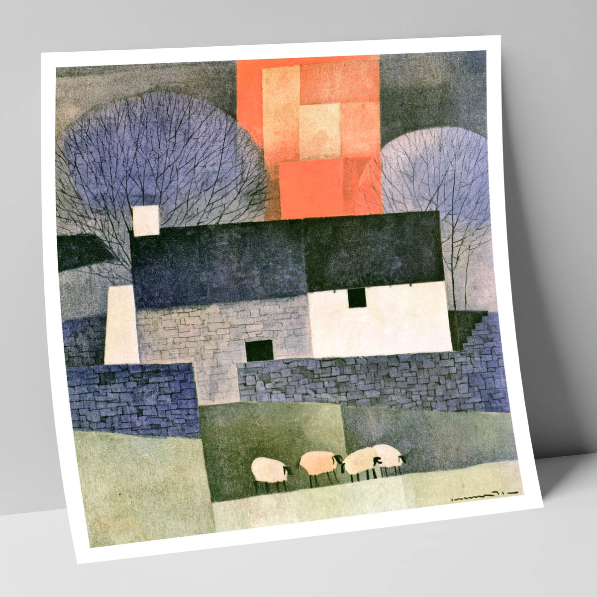 Stone Cottage in Bold Terracotta lake district village art print