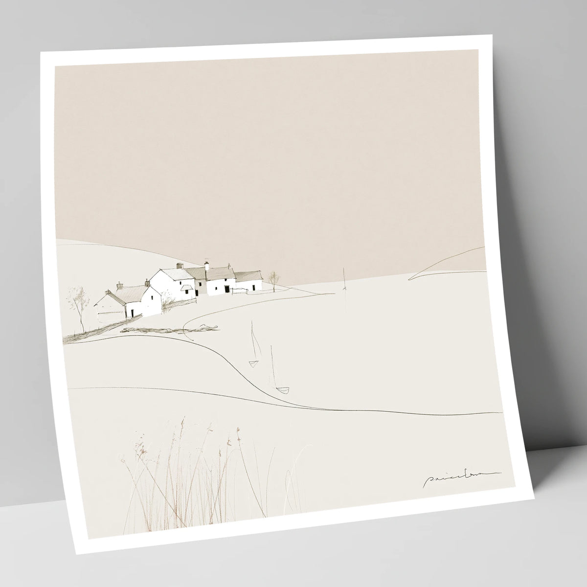 Minimalist White Lakeside Village lake district village art print