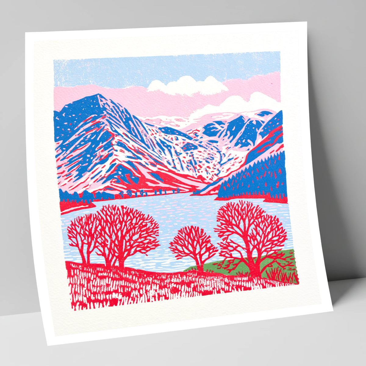 Graphic Buttermere in Red and Blue lake district lake art print