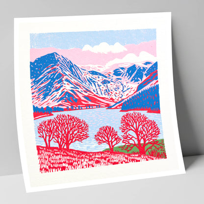 Graphic Buttermere in Red and Blue lake district lake art print
