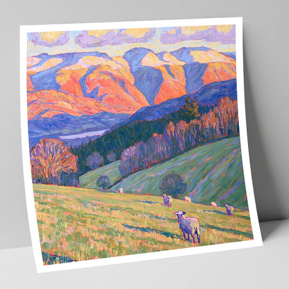 Hawkshead Pastures in Radiant Light lake district village art print
