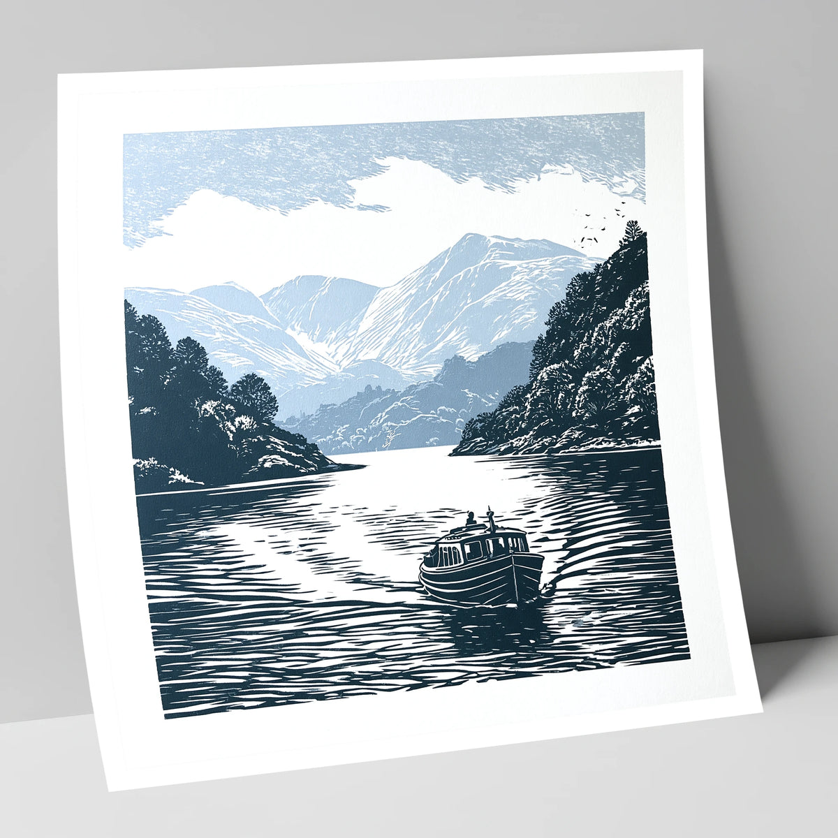 Coniston Water Launch in Navy lake district lake art print