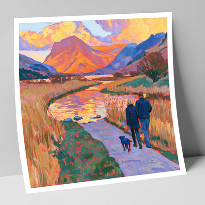 Sunset Dog Walk at Buttermere gifts for dog walkers art print
