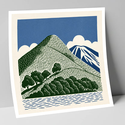 Catbells in Green and Navy lake district fell art print