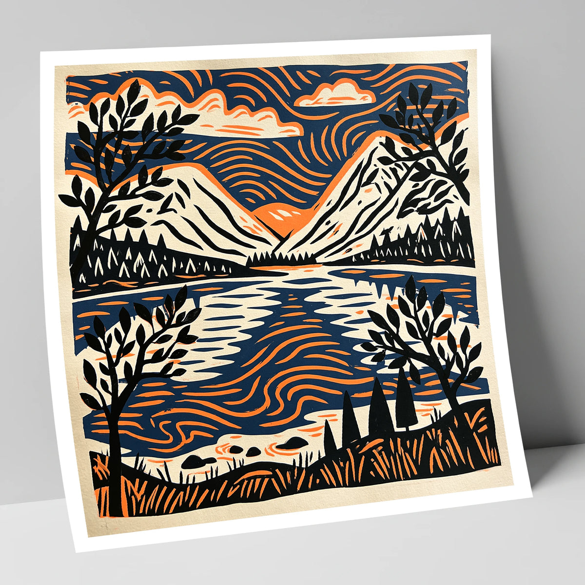 Lake Reflections in Navy and Orange lake district lake art print