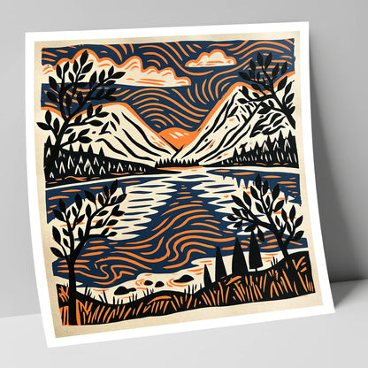 Lake Reflections in Navy and Orange lake district lake art print