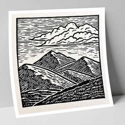 Black and White Rolling Fells lake district fell art print