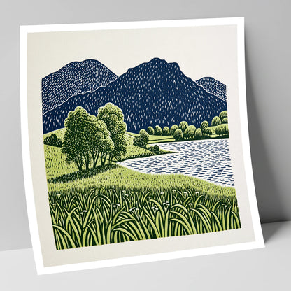 Grasmere Fells in Navy and Green lake district lake art print