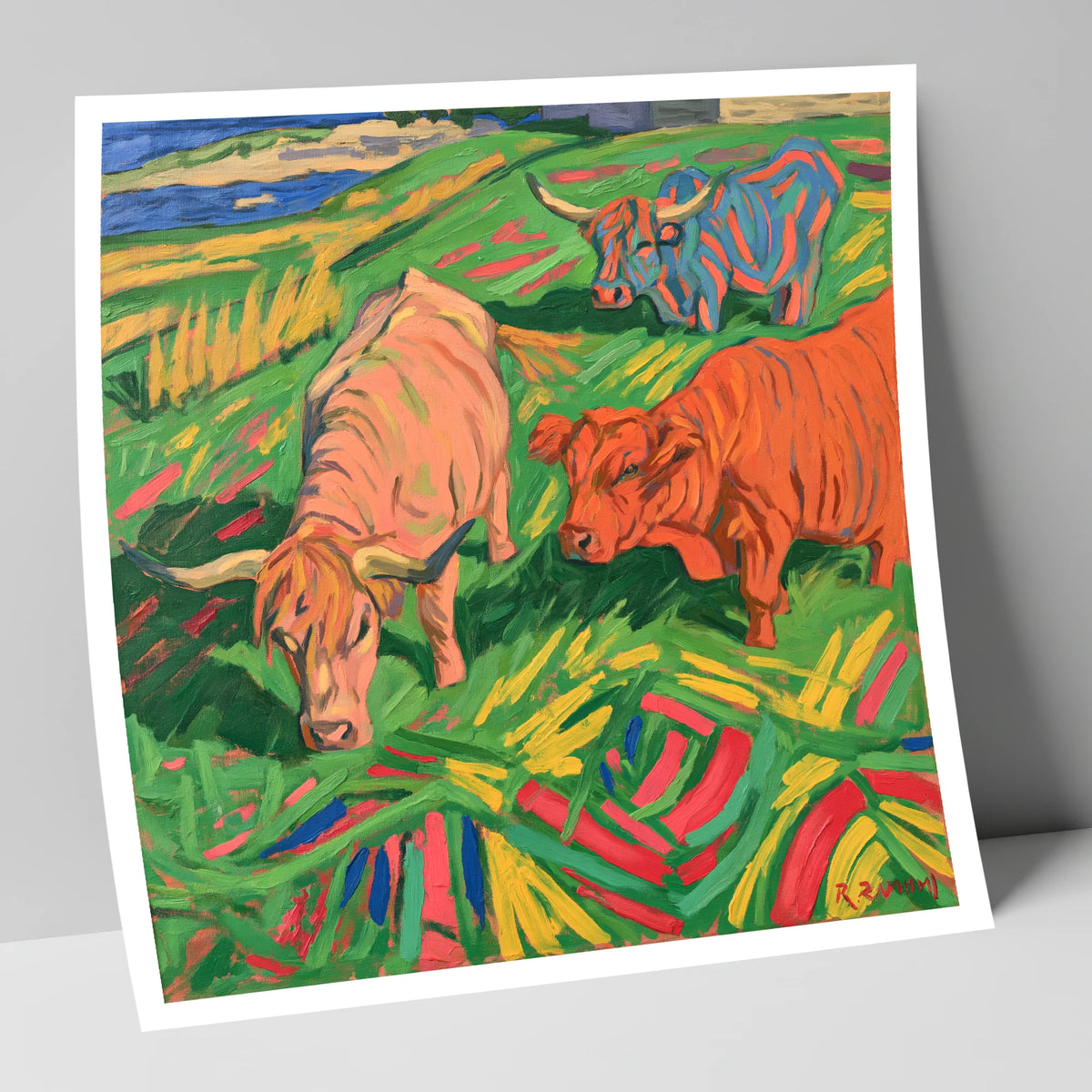 Vibrant Highland Cattle Grazing lake district wildlife art print