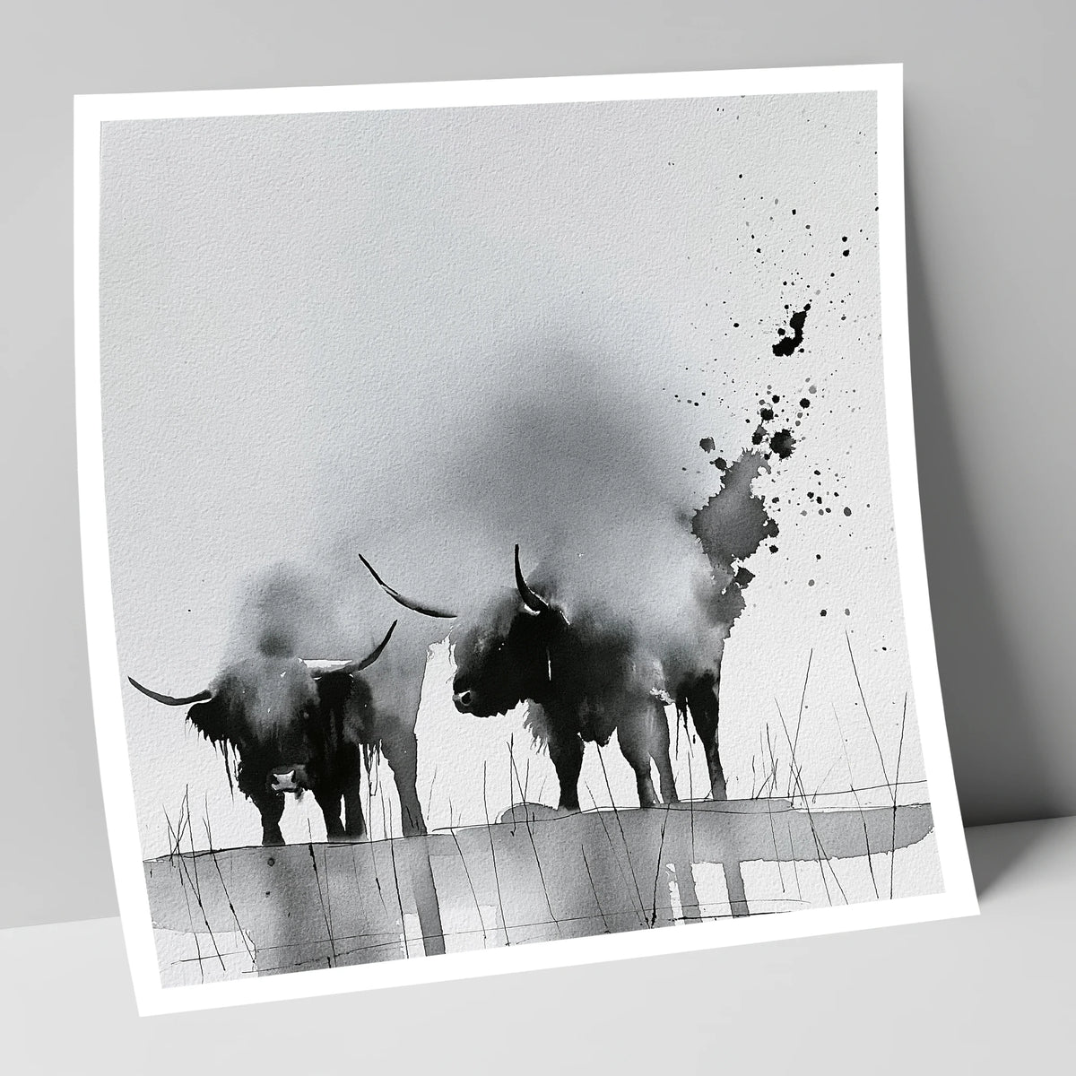 Abstract Monochrome Highland Cattle lake district wildlife art print