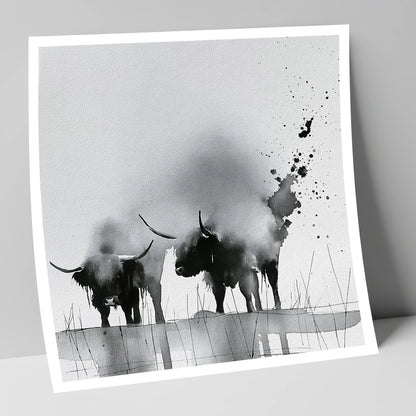 Abstract Monochrome Highland Cattle lake district wildlife art print