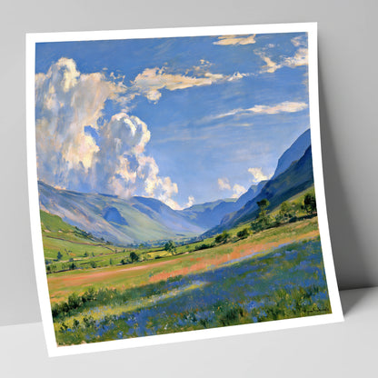 Sunlit Valley Under Billowing Clouds lake district valley art print