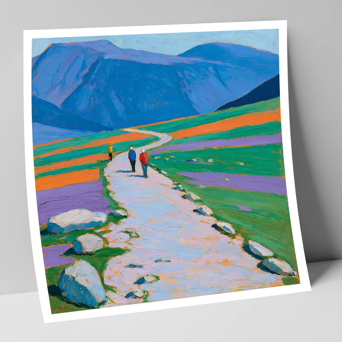 Hikers on a Vibrant Fell Path lake district fell art print