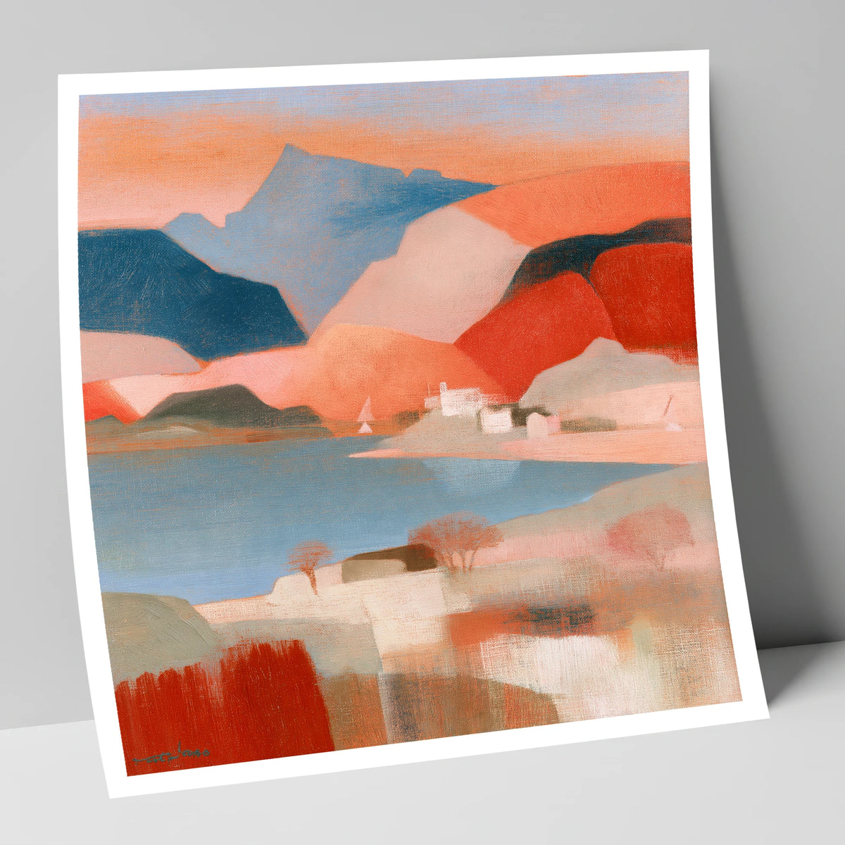 Abstract Terracotta Lake and Fells lake district lake art print